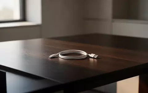 Ein minimalistischer Arbeitsplatz mit einem aufgerollten USB-C-Kabel auf einem dunklen Holztisch in natürlichem Licht. - Foto: über boerse-global.de