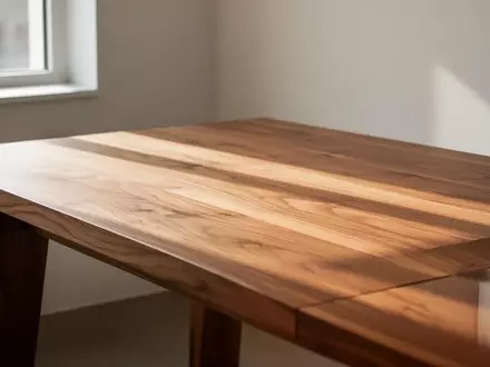 Ein minimalistischer, sonnendurchfluteter Arbeitsplatz mit einem Holztisch ohne technische Geräte. - Foto: über boerse-global.de