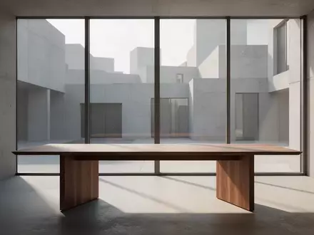 Ein minimalistischer, lichtdurchfluteter Arbeitsbereich mit einem Holztisch in einer modernen, architektonischen Umgebung. - Foto: über boerse-global.de