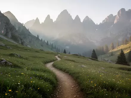 Ein sonniger Bergpfad in einer alpinen Wiesenlandschaft mit zerklüfteten Gipfeln im Hintergrund. - Foto: über boerse-global.de