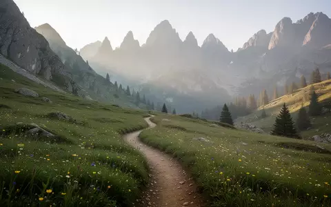 Ein sonniger Bergpfad in einer alpinen Wiesenlandschaft mit zerklĂĽfteten Gipfeln im Hintergrund. - Foto: ĂĽber boerse-global.de