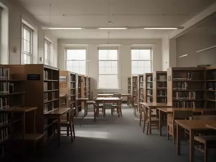 Leere, lichtdurchflutete Räumlichkeiten einer öffentlichen Bibliothek mit Holzregalen und Tischen. - Foto: über boerse-global.de