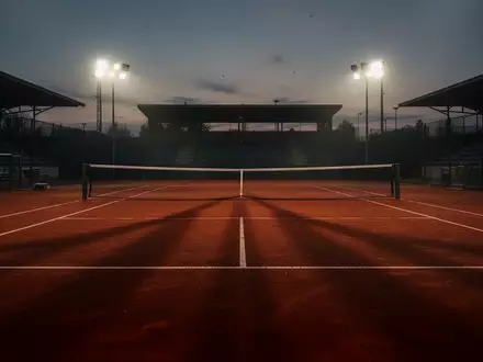 Ein verlassener Tennisplatz in der Dämmerung mit langen Schatten auf dem roten Sand. - Foto: über boerse-global.de