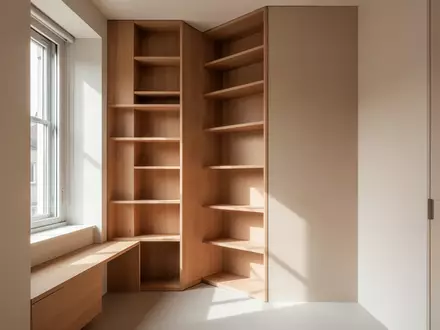 Ein minimalistischer Wohnbereich mit deckenhohen Einbauregalen in einer Nische, die den begrenzten Raum effizient nutzt. - Foto: über boerse-global.de