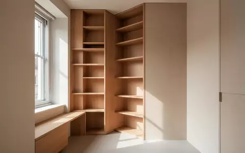 Ein minimalistischer Wohnbereich mit deckenhohen Einbauregalen in einer Nische, die den begrenzten Raum effizient nutzt. - Foto: über boerse-global.de