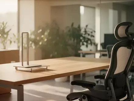 Ein minimalistischer, heller Arbeitsplatz mit einem leeren Schreibtisch und einer ergonomischen Sitzgelegenheit. - Foto: über boerse-global.de