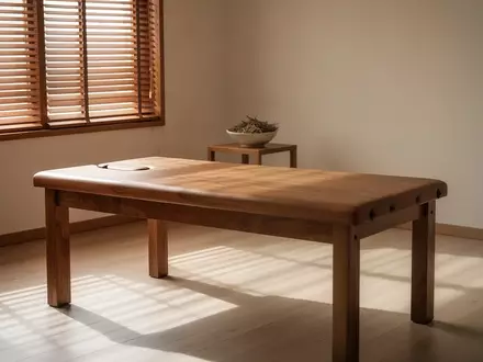 Ein minimalistischer Behandlungsraum für traditionelle chinesische Medizin mit einer leeren Massageliege und natürlichen Materialien. - Foto: über boerse-global.de