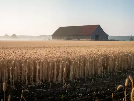 Weites Brandenburger Getreidefeld am frühen Morgen mit einem Scheunengebäude im unscharfen Hintergrund. - Foto: über boerse-global.de