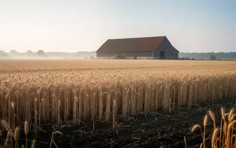 Weites Brandenburger Getreidefeld am frühen Morgen mit einem Scheunengebäude im unscharfen Hintergrund. - Foto: über boerse-global.de
