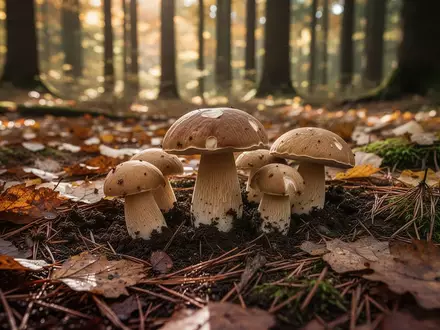Frische Steinpilze wachsen auf einem feuchten Waldboden zwischen herbstlichem Laub und Moos. - Foto: über boerse-global.de