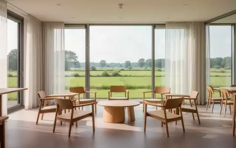 Ein heller, moderner Gemeinschaftsraum mit minimalistischen Holzmöbeln und Blick auf eine grüne Landschaft. - Foto: über boerse-global.de