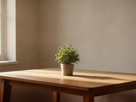 Ein minimalistischer, lichtdurchfluteter Raum mit einer kleinen Zimmerpflanze auf einem Holztisch, der Ruhe und Gelassenheit ausstrahlt. - Foto: über boerse-global.de