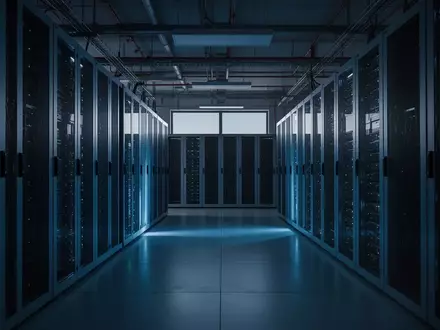 Ein moderner, unbesetzter Serverraum in kühlem blauen Licht, der die technologische Infrastruktur von Unternehmen symbolisiert. - Foto: über boerse-global.de