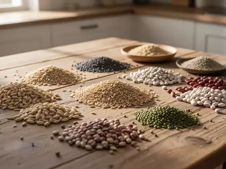 Natürliche Zutaten wie Getreide und Hülsenfrüchte auf einem rustikalen Holztisch, die den Ursprung angereicherter Lebensmittel symbolisieren. - Foto: über boerse-global.de
