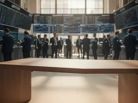 Ein moderner Börsenhandelssaal in sanftem Licht mit unscharfen Personen im Hintergrund. - Foto: über boerse-global.de