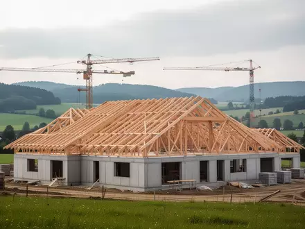 Rohbau eines modernen Gebäudekomplexes in einer ländlichen Hügellandschaft mit freiliegendem Dachstuhl bei Tageslicht. - Foto: über boerse-global.de