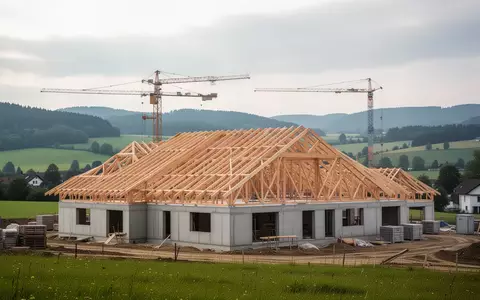 Rohbau eines modernen Gebäudekomplexes in einer ländlichen Hügellandschaft mit freiliegendem Dachstuhl bei Tageslicht. - Foto: über boerse-global.de