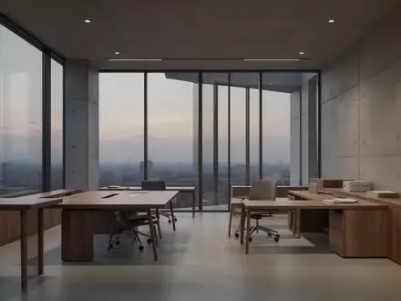 Ein modernes, minimalistisches und leeres Bürogebäude in der Abenddämmerung mit natürlichem Licht und klaren architektonischen Linien. - Foto: über boerse-global.de