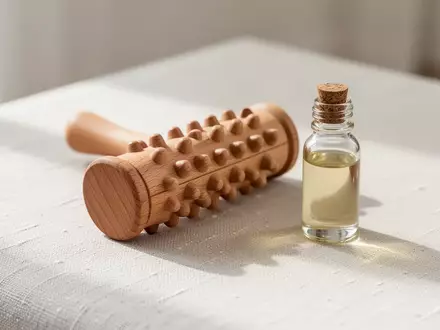 Ein hölzernes Massagerollgerät und ein Fläschchen mit Massageöl auf einer hellen, strukturierten Leinenunterlage. - Foto: über boerse-global.de