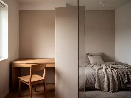 Ein minimalistisch gestalteter Wohnbereich mit einer dezenten Raumtrennung zwischen Arbeits- und Ruhezone bei natürlichem Licht. - Foto: über boerse-global.de