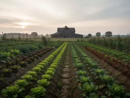 Weites Feld mit biologisch angebautem Gemüse und einem landwirtschaftlichen Betrieb im Hintergrund bei Tagesanbruch. - Foto: über boerse-global.de