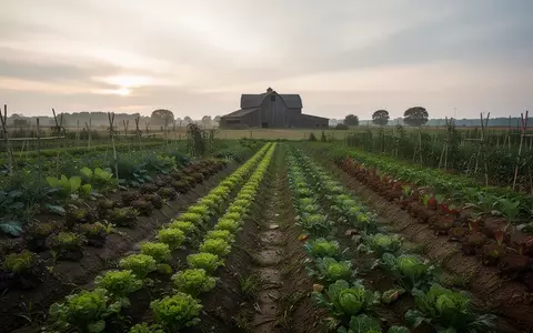 Weites Feld mit biologisch angebautem Gemüse und einem landwirtschaftlichen Betrieb im Hintergrund bei Tagesanbruch. - Foto: über boerse-global.de