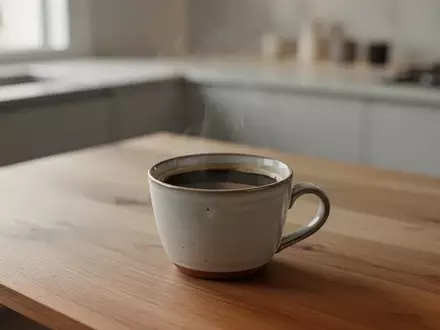 Eine einzelne Tasse mit schwarzem Kaffee auf einem Holztisch in einem hellen, modernen Raum. - Foto: über boerse-global.de
