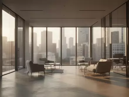 Ein minimalistisches, modernes Bürogebäude mit hohen Glasfronten und weitem Blick über eine urbane Skyline bei Sonnenuntergang. - Foto: über boerse-global.de