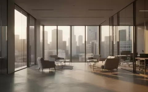 Ein minimalistisches, modernes Bürogebäude mit hohen Glasfronten und weitem Blick über eine urbane Skyline bei Sonnenuntergang. - Foto: über boerse-global.de
