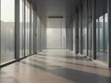 Ein moderner, minimalistischer Flur mit poliertem Betonboden und sanftem Lichteinfall, der eine Atmosphäre von Sicherheit und Zugangskontrolle vermittelt. - Foto: über boerse-global.de