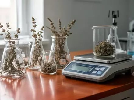 Laborumgebung mit getrockneten Heilkräutern und medizinischen Analysegeräten auf einem Holztisch. - Foto: über boerse-global.de