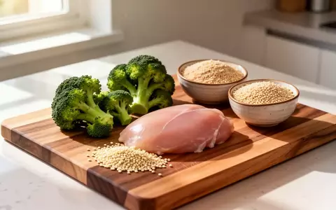 Frische, unverarbeitete Lebensmittel wie Brokkoli, Hähnchenbrust und Quinoa auf einem hölzernen Küchenbrett. - Foto: über boerse-global.de