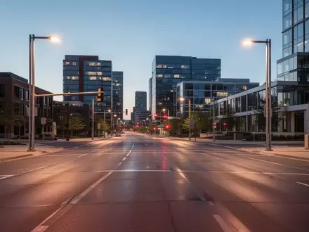 Eine leere, moderne Straßenkreuzung in Minneapolis bei Dämmerung mit klaren Fahrbahnmarkierungen und städtischer Architektur. - Foto: über boerse-global.de
