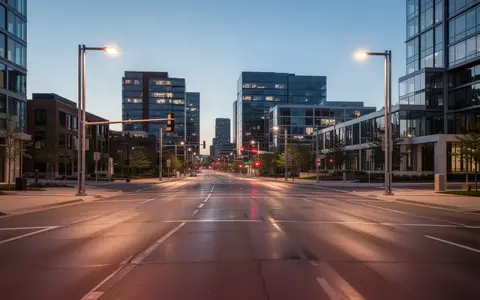 Eine leere, moderne Straßenkreuzung in Minneapolis bei Dämmerung mit klaren Fahrbahnmarkierungen und städtischer Architektur. - Foto: über boerse-global.de