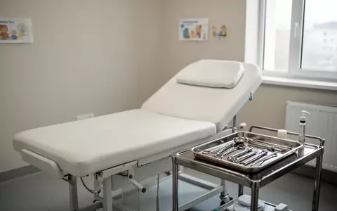 Ein steriler, minimalistischer Untersuchungsraum in einer Kinderklinik mit einer medizinischen Untersuchungsliege. - Foto: über boerse-global.de
