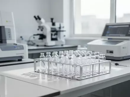 Ein steriles, helles Labor mit medizinischen Analysegeräten und leeren Glasfläschchen auf einem weißen Untergrund. - Foto: über boerse-global.de