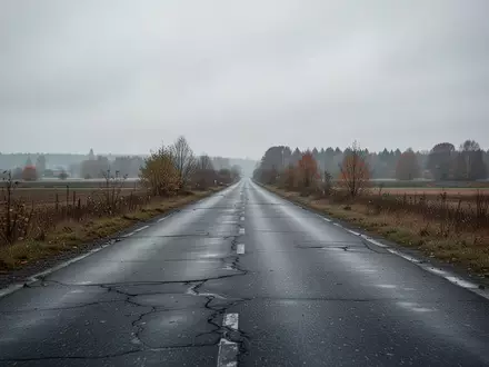 Eine leere, asphaltierte Landstraße unter einem bewölkten Himmel in einer herbstlichen Landschaft. - Foto: über boerse-global.de