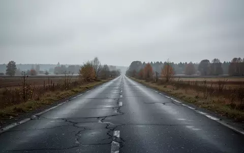 Eine leere, asphaltierte Landstraße unter einem bewölkten Himmel in einer herbstlichen Landschaft. - Foto: über boerse-global.de