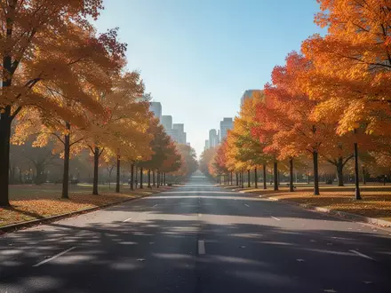 Eine leere, asphaltierte Laufstrecke in einem herbstlichen Park mit buntem Laub und weichem Morgenlicht. - Foto: über boerse-global.de