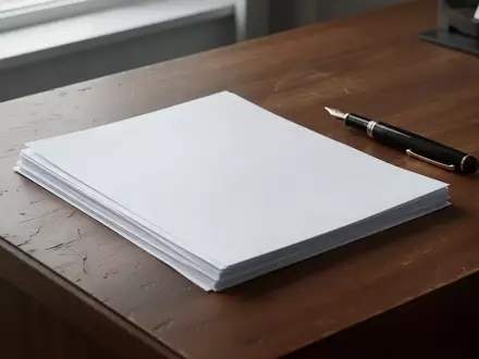 Ein Stapel leerer weißer Papierbögen auf einem Holztisch in einem hellen, ruhigen Büro. - Foto: über boerse-global.de