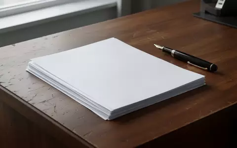 Ein Stapel leerer weißer Papierbögen auf einem Holztisch in einem hellen, ruhigen Büro. - Foto: über boerse-global.de