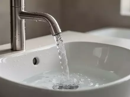 Klares Wasser fließt aus einem modernen Wasserhahn in ein sauberes Waschbecken. - Foto: über boerse-global.de