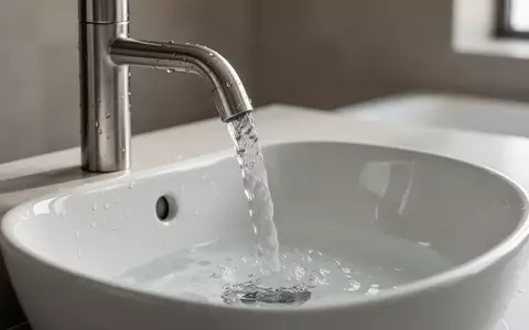 Klares Wasser fließt aus einem modernen Wasserhahn in ein sauberes Waschbecken. - Foto: über boerse-global.de