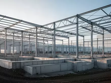 Ein modernes, steriles Industriebaugelände in Thüringen mit Stahlkonstruktionen und Fundamenten für ein neues Werk. - Foto: über boerse-global.de