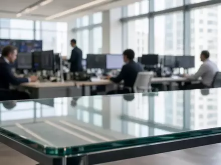 Ein helles, modernes Büro einer Börse mit verschwommenen Finanzexperten im Hintergrund und einem leeren Schreibtisch. - Foto: über boerse-global.de
