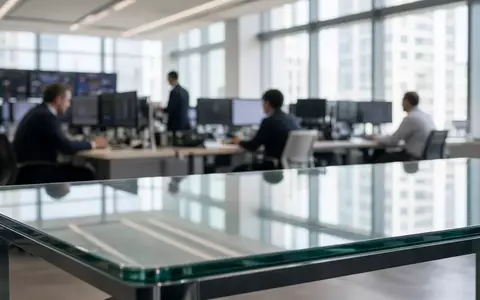 Ein helles, modernes Büro einer Börse mit verschwommenen Finanzexperten im Hintergrund und einem leeren Schreibtisch. - Foto: über boerse-global.de