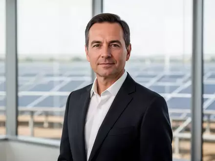 Ein professionell gekleideter Manager in einem modernen Büro mit Blick auf einen Solarpark im Hintergrund. - Foto: über boerse-global.de