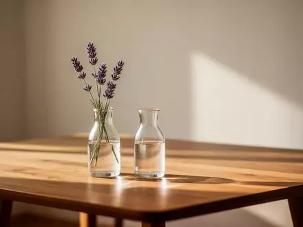 Ein minimalistischer Holztisch mit einer kleinen Glaskaraffe und einem Zweig Lavendel in einer Vase in einem sonnigen Raum. - Foto: über boerse-global.de