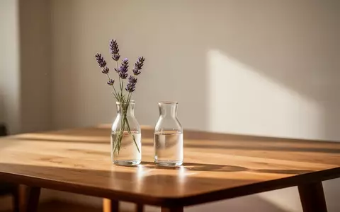 Ein minimalistischer Holztisch mit einer kleinen Glaskaraffe und einem Zweig Lavendel in einer Vase in einem sonnigen Raum. - Foto: über boerse-global.de