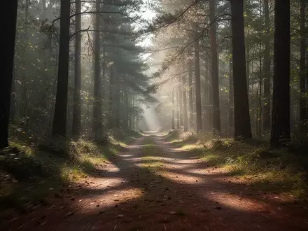 Ein sonnendurchfluteter Waldweg im frühen Morgenlicht, der zu Bewegung und Spaziergängen einlädt. - Foto: über boerse-global.de